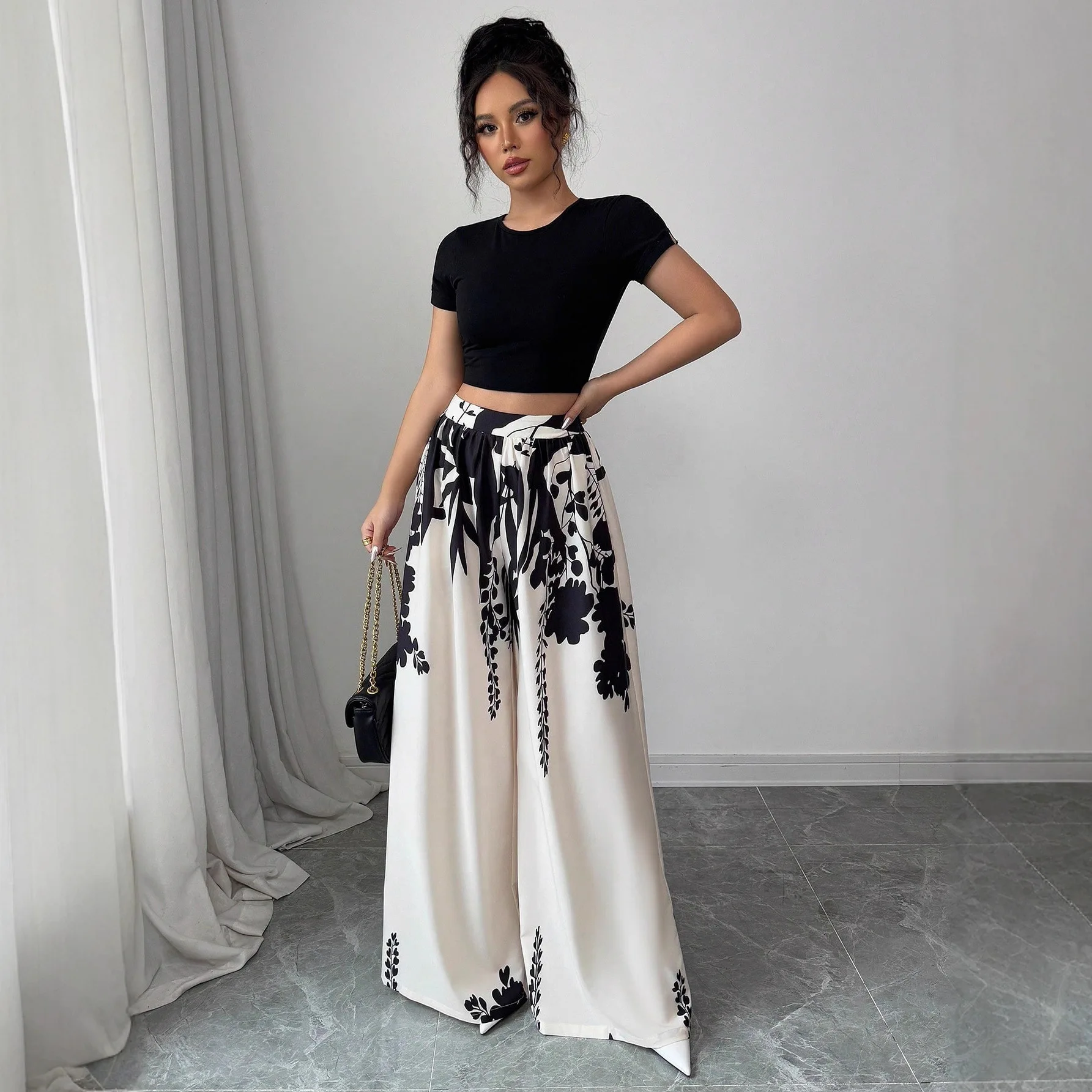 New Summer Fall Boho Women's Ink Print Mid-waist Wide-leg Straight-leg Pants Slim-fitting Pants For Women Casual Beach Vacation