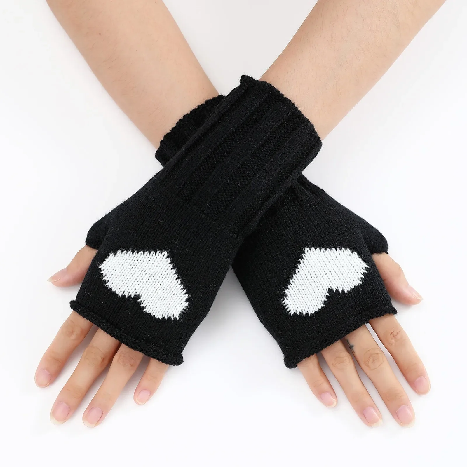 New Fingerless Love Gloves Womens Winter Warmer Knitted Arm Sleeve Fine Casual Soft Girl Goth Clothes Women Punk Gothic Gloves