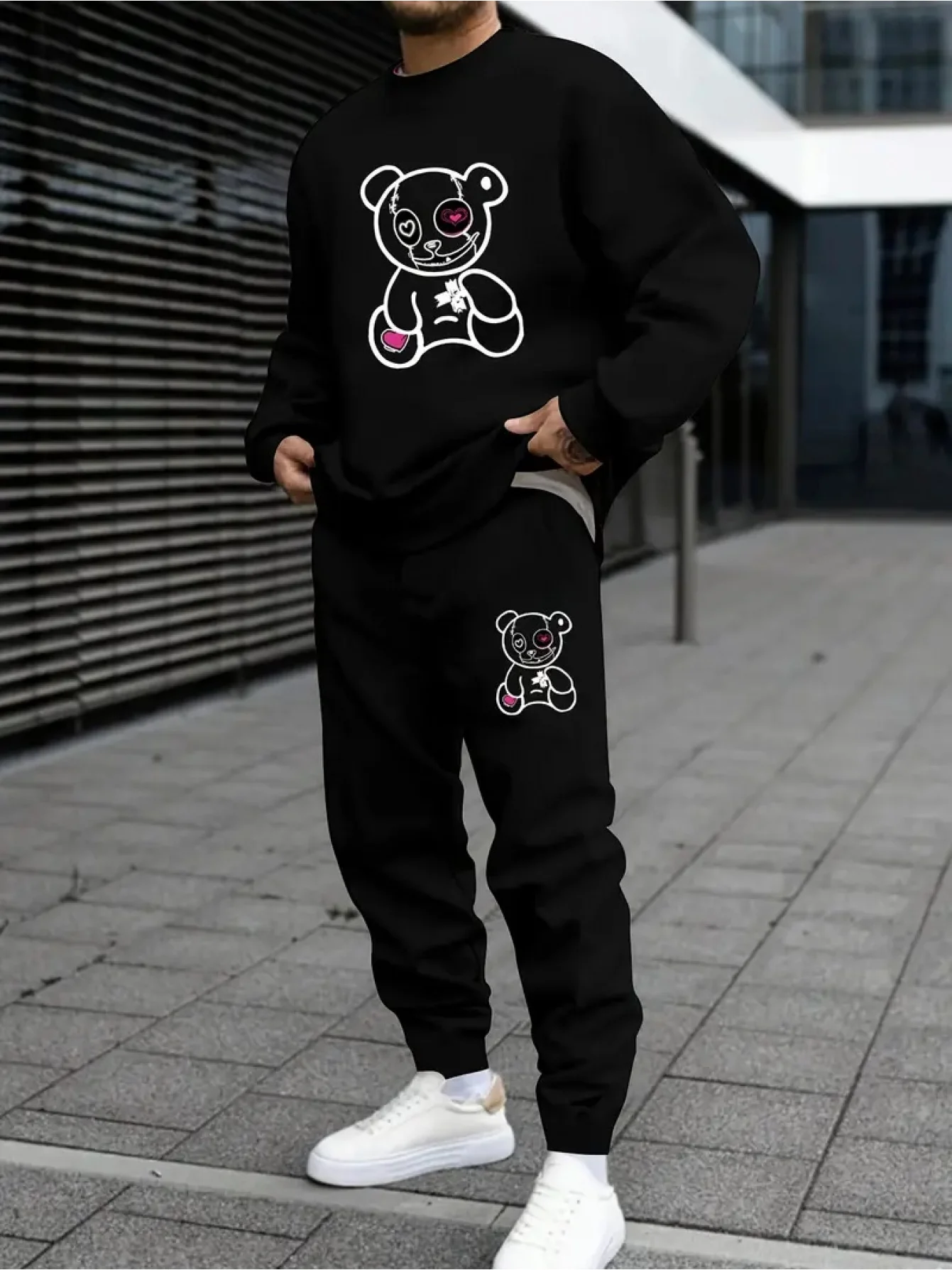 

Autumn/Winter Fashion Y2K Oversized Hip-hop Style Cartoon Bear Print Hoodie Outdoor Pant Men's Clothing Tracksuit two-piece Set