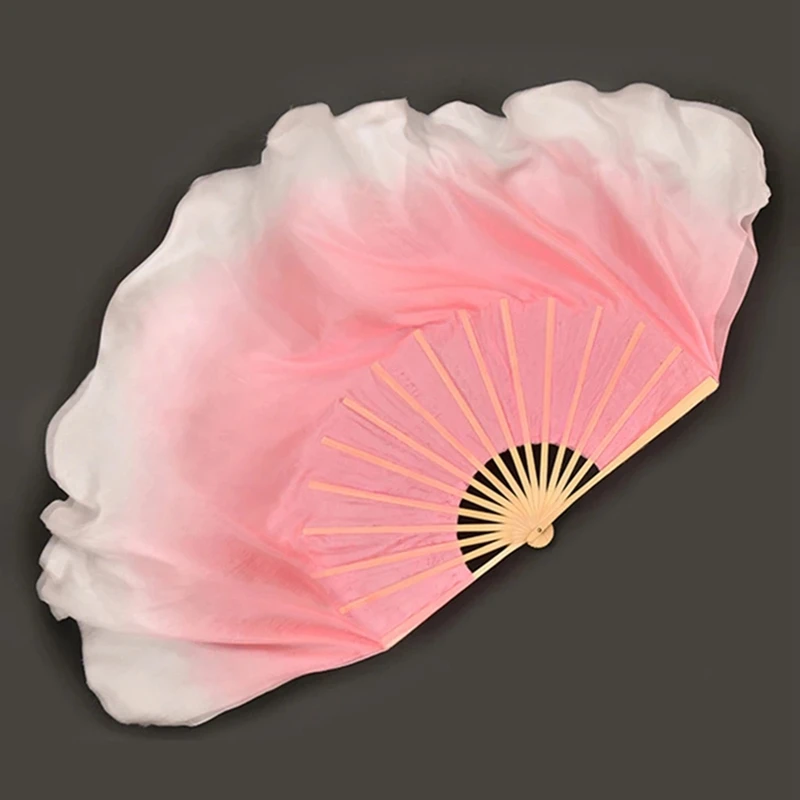 Chinese Classical Dance Fan Silk Gradient Double-Sided Pink Big Folding Fan Square Dance Yangko Practice Fan 10cm-40cm Extended