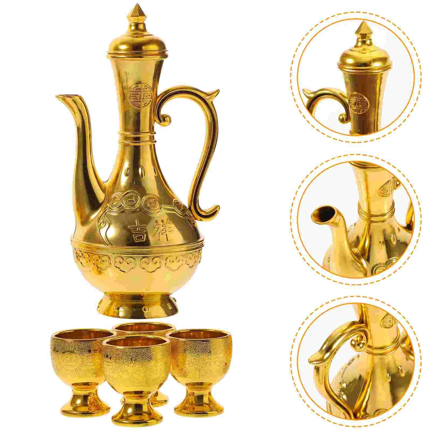 Vintage Exquisite Turkish Coffee Pot Set with Golden Wine Glasses and Decanter, Jug, Holy Water and Altar Cups - Perfect for Tea