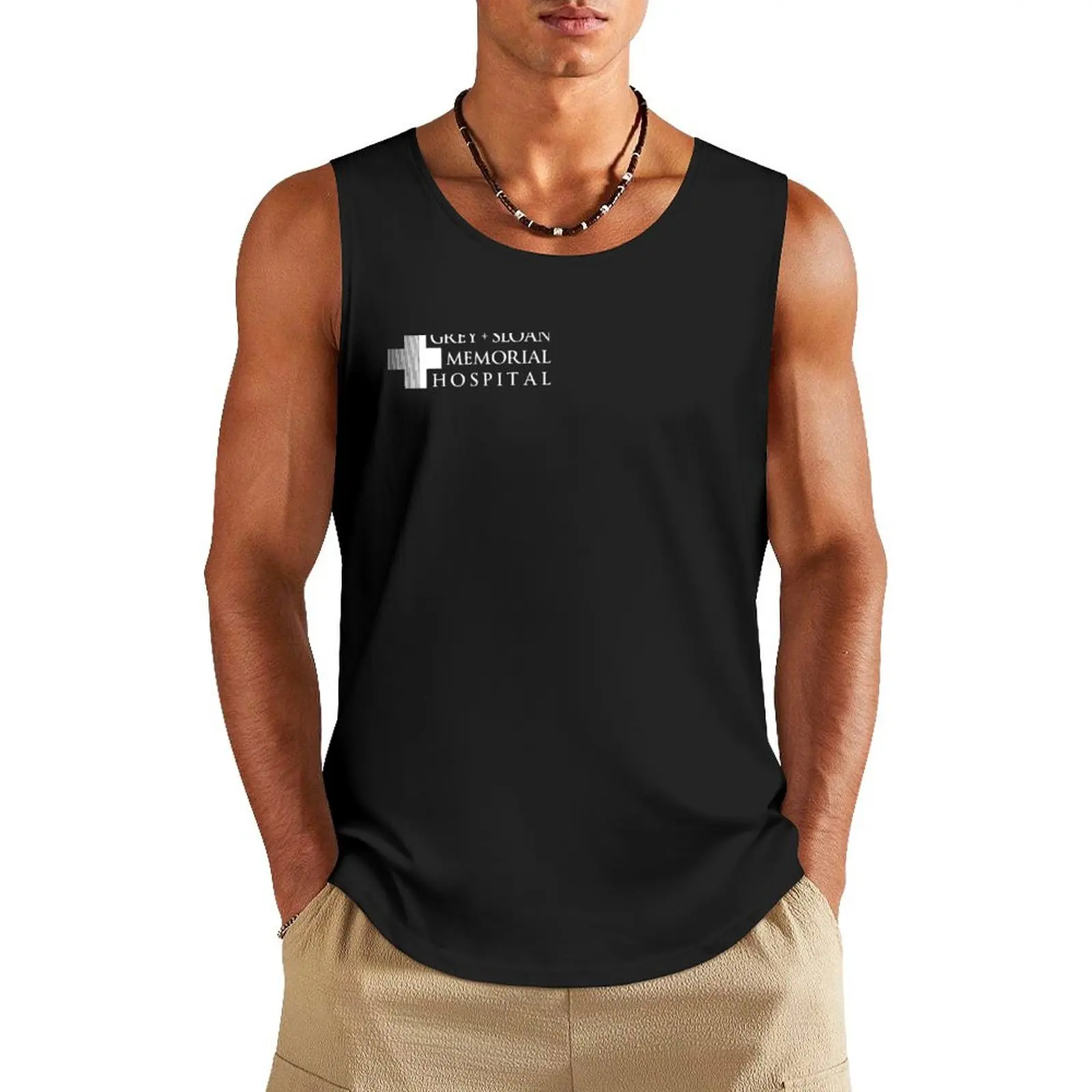 Grey + Sloan Memorial Hospital Logo | Off Centre | White Print Tank Top t-shirt Men's sleeveless Men's t-shirts Sports clothing