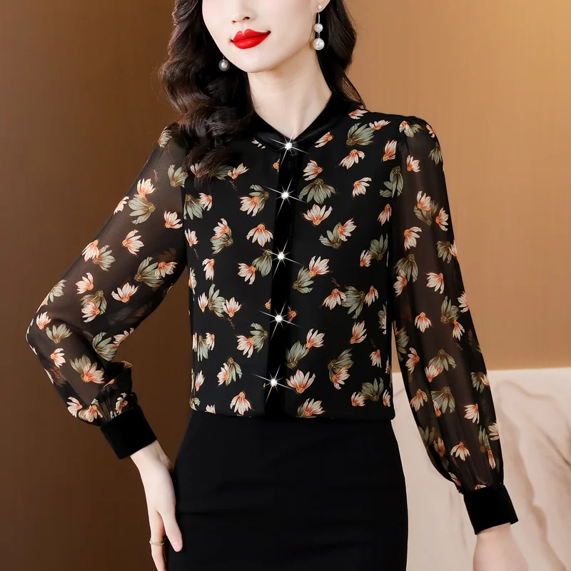 Ladies Spring Korean All-match Printing Diamonds Loose Stand-up Collar Cardigan Long Sleeved Shirts Women Clothes Elegant Tops