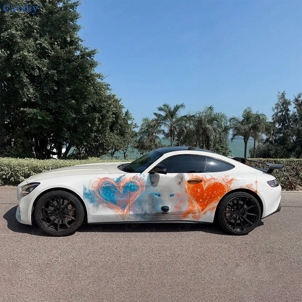 2pcs Flame Sea Ice Field Wolf Car Side Wraps, Self-Adhesive PVC Waterproof & Scratch-Resistant Stickers, Car Accessory Gift