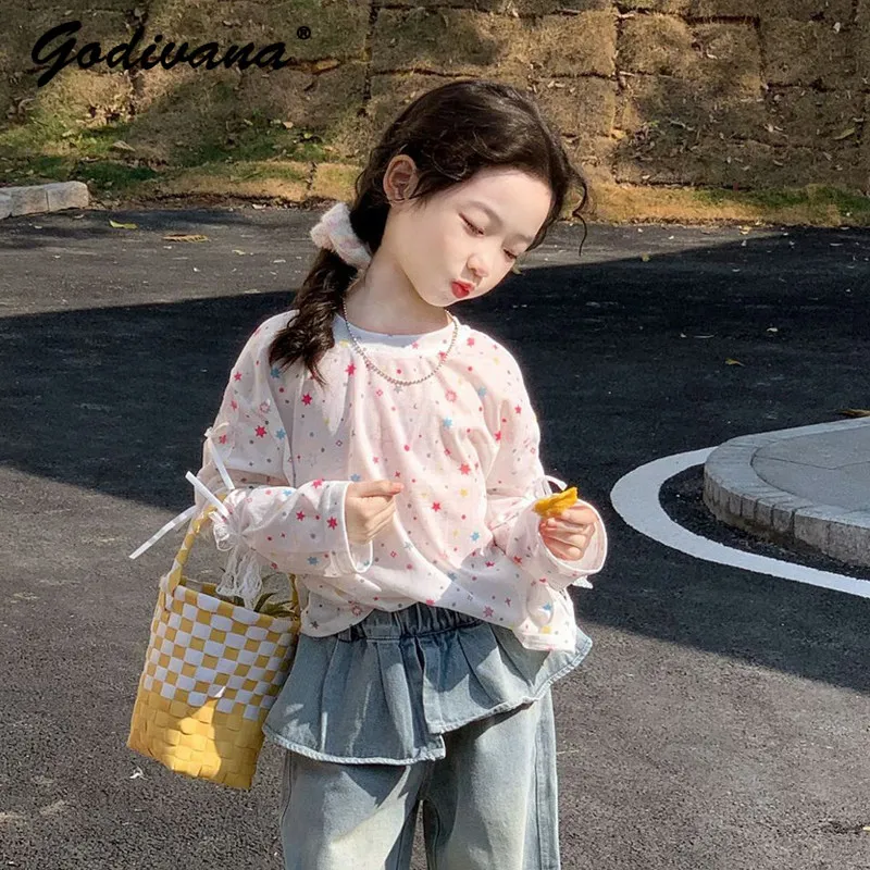 

Sweet Cute Girls Colorful Star Lace Bow T-shirt Kids Spring and Summer 2026 New Fashion Long Sleeve O-neck Loose Breathable Tops