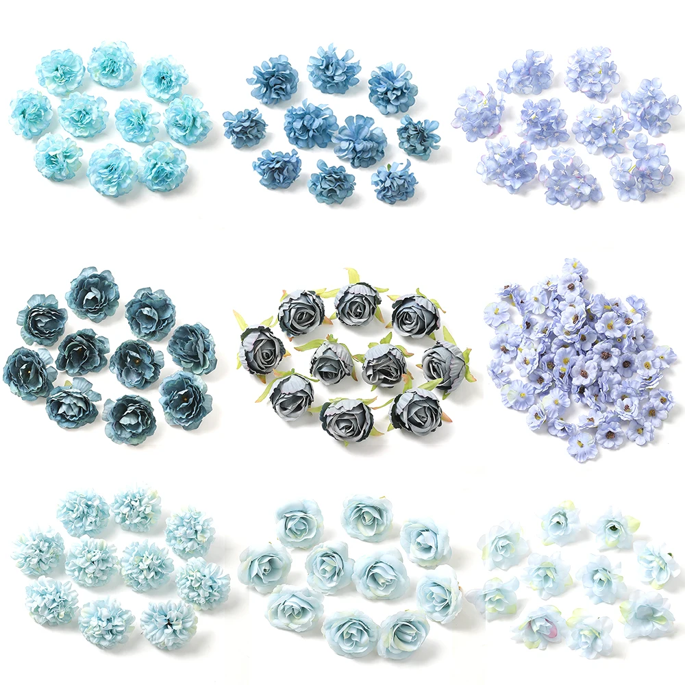 10Pcs Mix Blue Artificial Flowers Heads DIY Party Wedding Cake Gift Box Wreaths Home Room Decor Garden Crafts Rose Lily Flowers