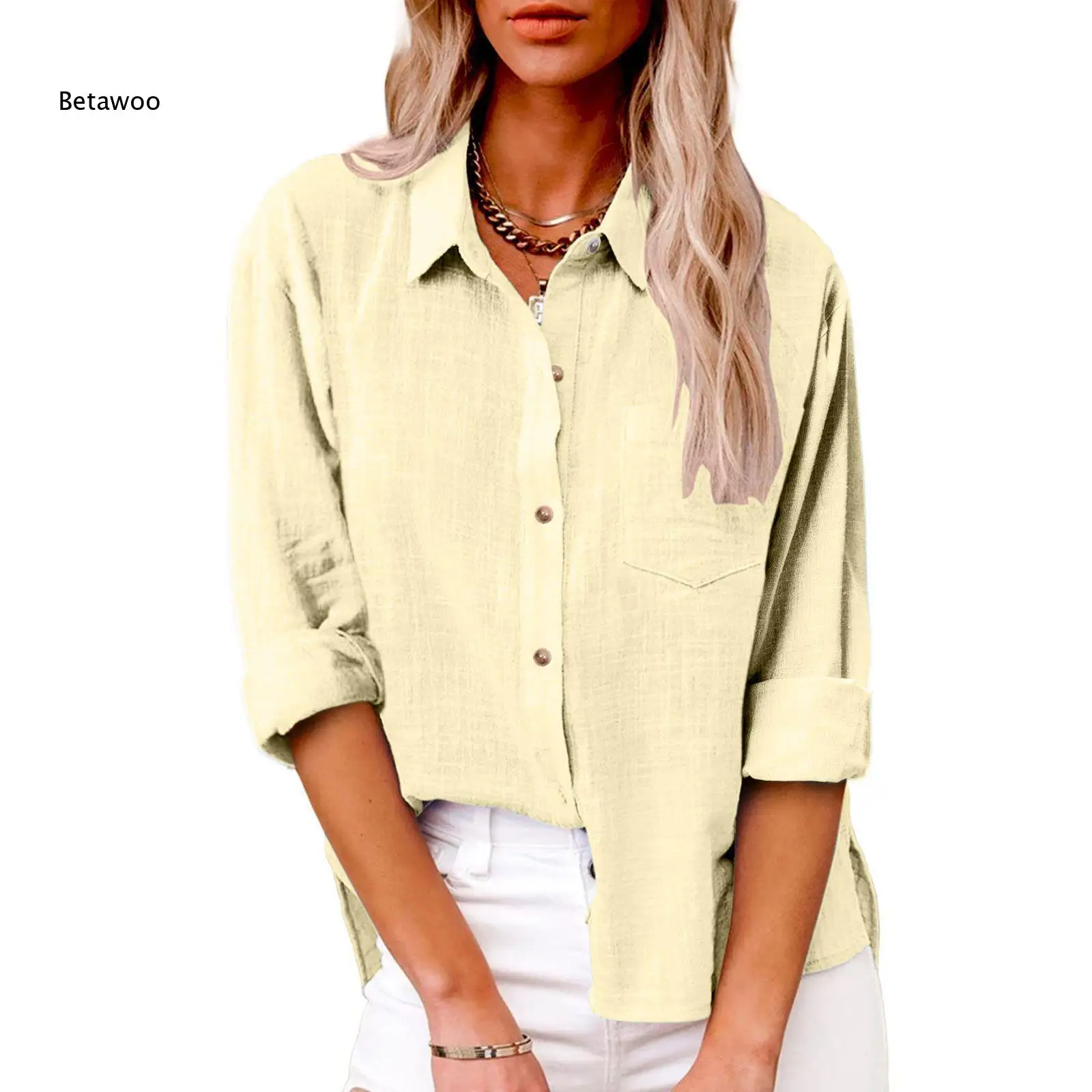 Vintage Pink Textured Woven Linen Shirt Lapel Rollable Long Sleeve Chest Pocket Oversized Breathable Casual Work Blouse 5
