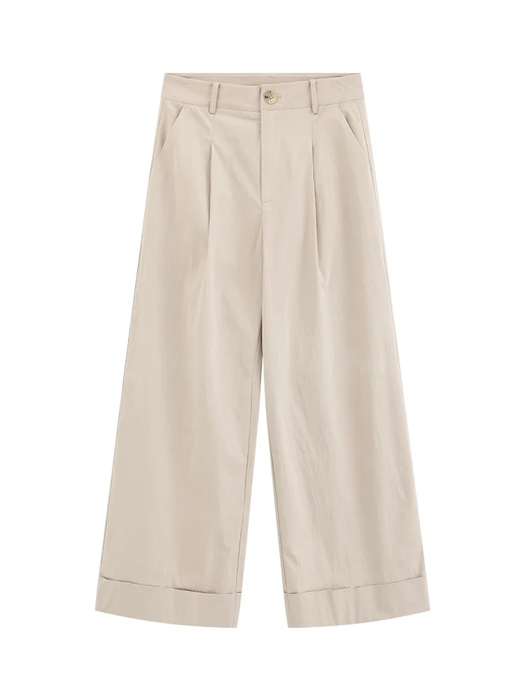 High Waist Wide Leg Cropped Pants – Summer Lightweight Textured Trousers with Pleated Front and Turn-Up Hem, Casual Loose Fit
