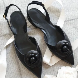 Camellia Flats 2024 New Slimming and Versatile Pointed Toe Hollow Block Heel Back Tripstrap Toe Toe Sandals