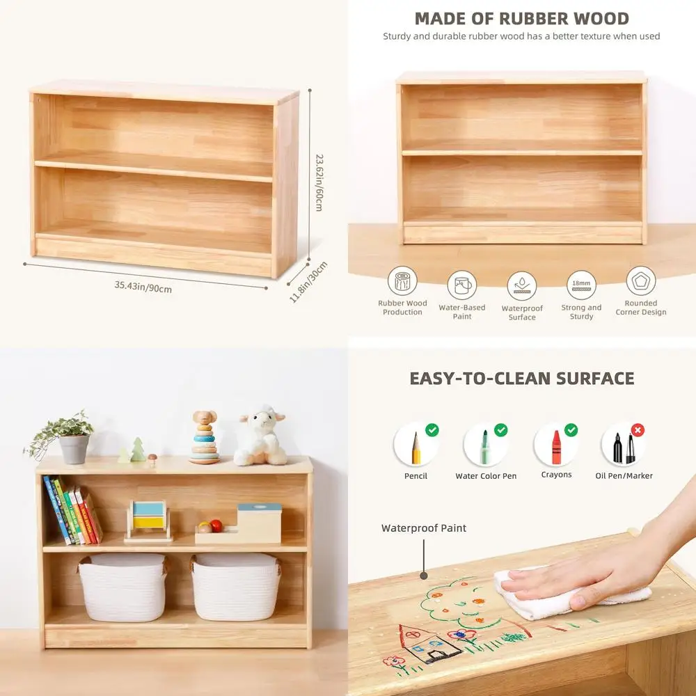 

Двухуровневый книжный шкаф и органайзер для игрушек из массива дерева, длина 35,4 дюйма, шкаф для хранения для игровой комнаты, класса и детского сада