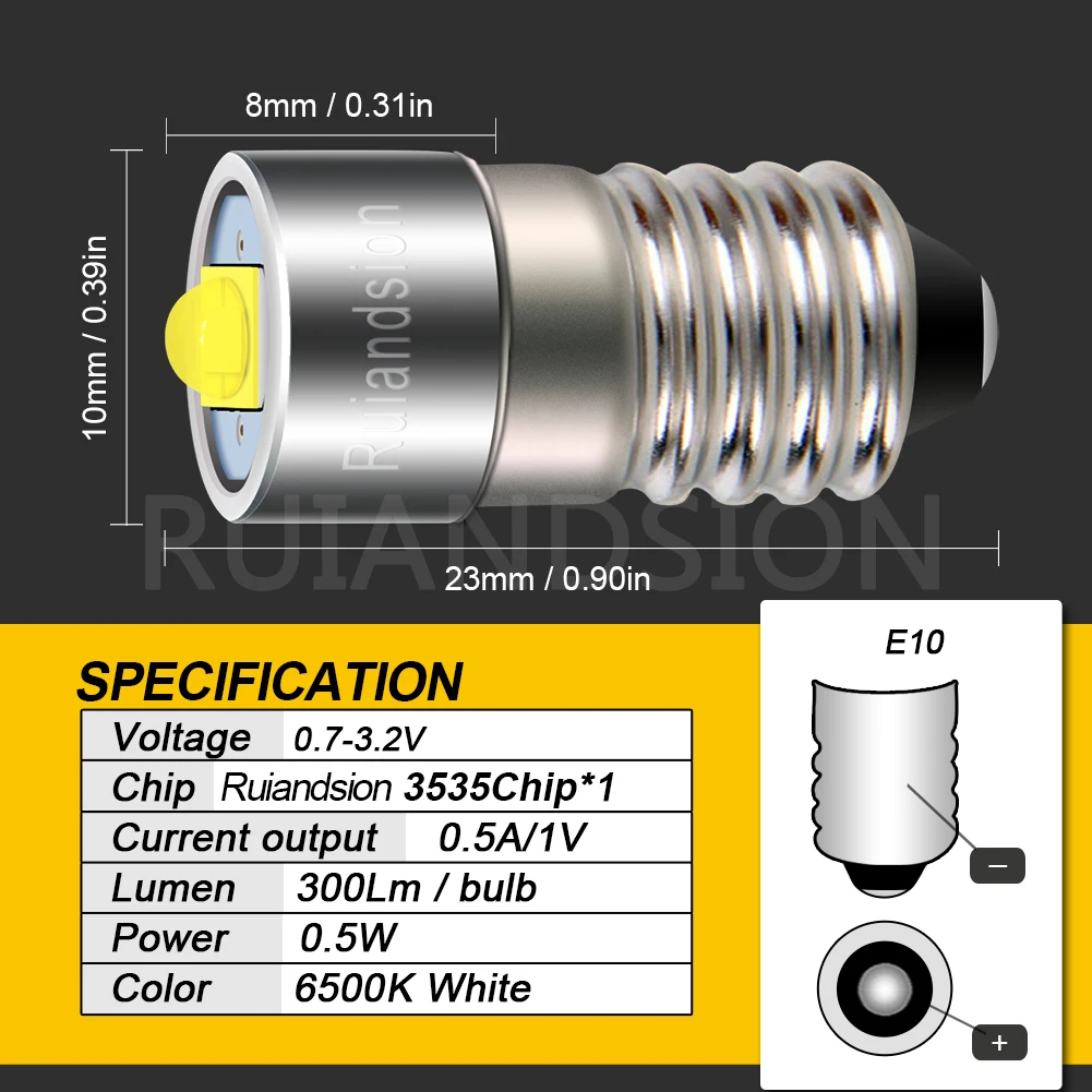 1Pcs Ruiandsion E10 Maglite Original Upgrade LED Bulb 3W 6‑30V DC 1V 3V 6V 9V 6500K White for Flashlight Torch Camping Hiking view 6