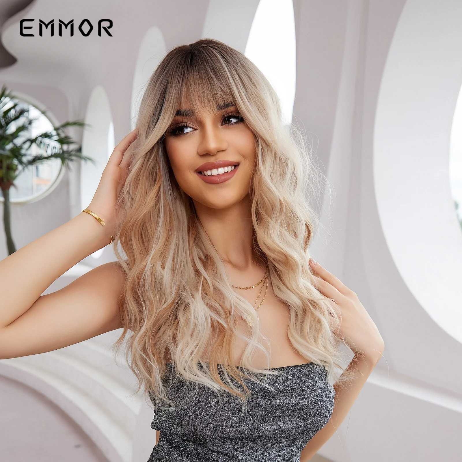 Emmor Long Wavy Blonde Synthetic Wigs Ombre Brown Daily Natural Hair Wigs With Bangs Cosplay Party for Women Heat Resistant Hair