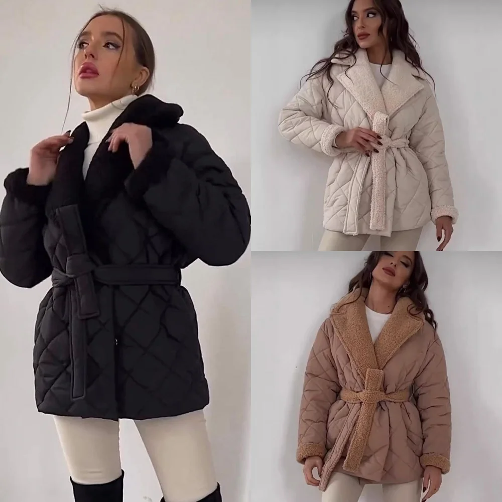 

Lapel Short Cotton-padded Jacket 2024 Europe and The United States Women's Fashion Hundred Set Waist Strap Coat Women
