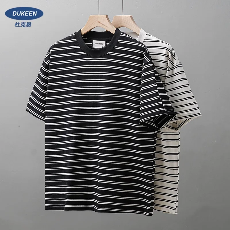 DUKEEN Striped T-Shirt Summer Men's Casual Loose Round Neck Short-Sleeved Outdoor Camping Silhouette Tops