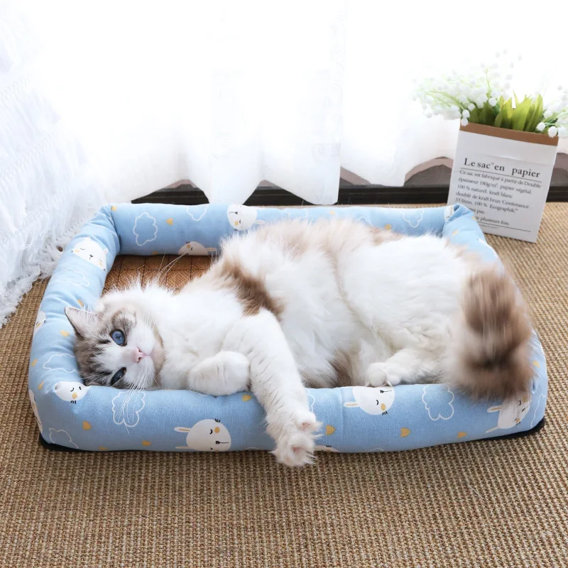 Summer Cat Bed Cushion Ice Silk Cool Pet Mat Small Medium Big Cat Sleeping Bed Nest Breathable Sofa Cooling Rattan Pet Matress