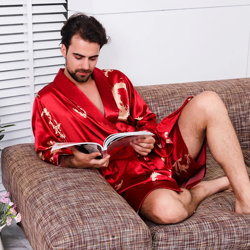 M-5XL Large Size Robe&Shorts Pants Sleep Set Casual Men 2PCS Intimate Lingerie Long Sleeve Bathrobe Satin Kimono Homewear Pyjama