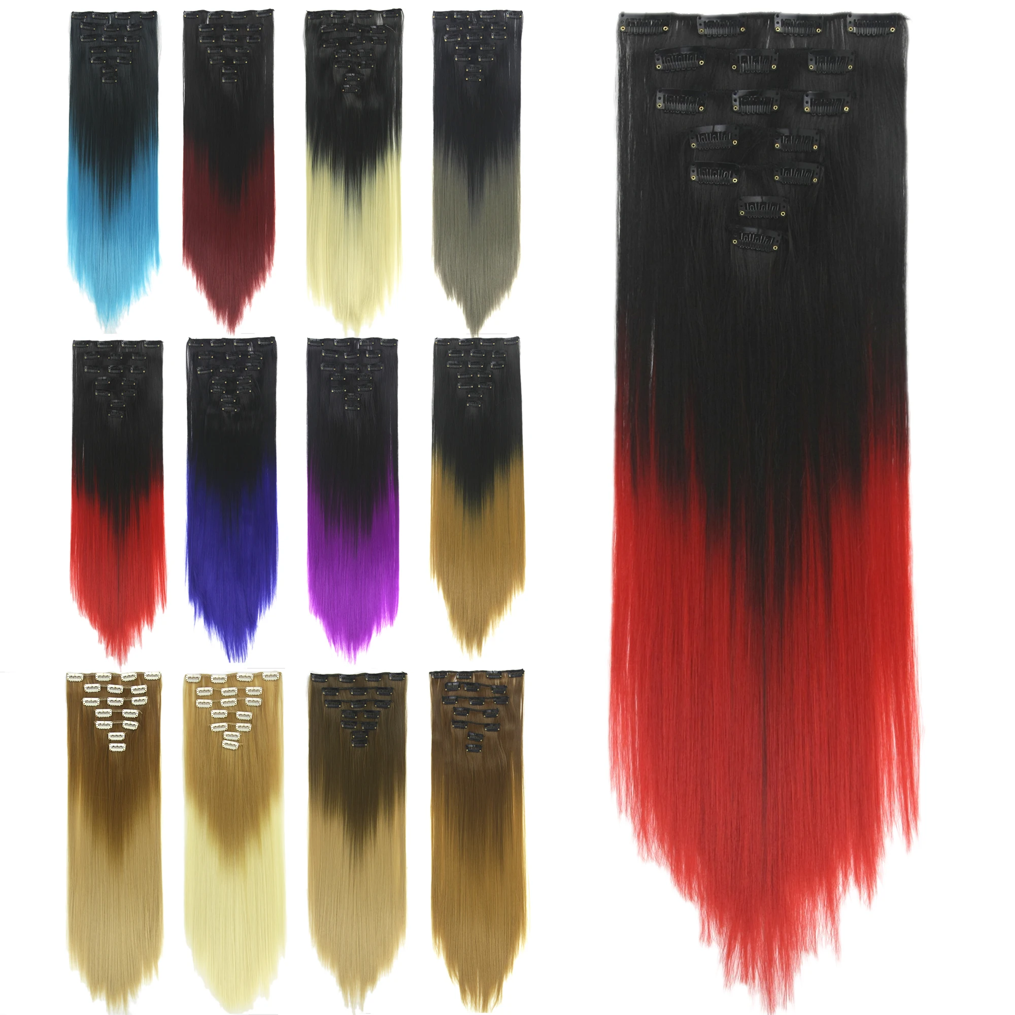 

Soowee Straight Black To Red Ombre Hair Clip in Pieces Hair ExtensionsFull Head Rainbow Fake Hair Clips Perruque Cabello