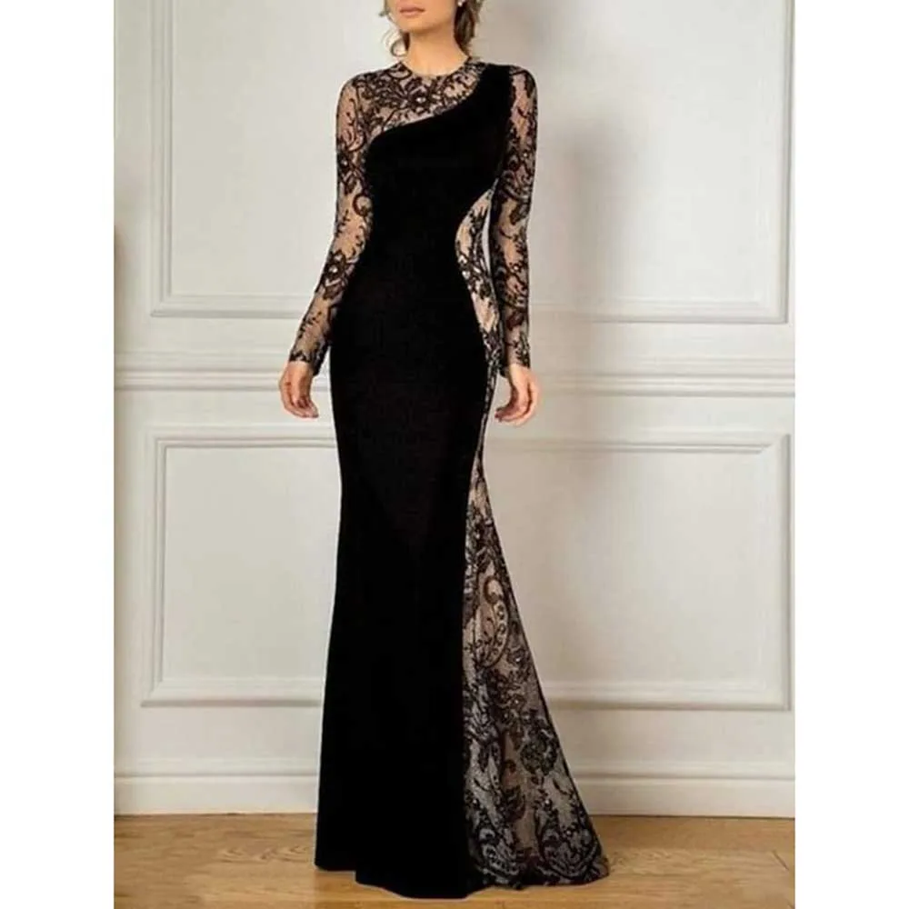 

Luxury Black Dresses for the Bride Mom O-Neck Floor Length Full Sleeves Sexy Illusion Lace Trumpet Slim Fit Pretty Prom Gowns