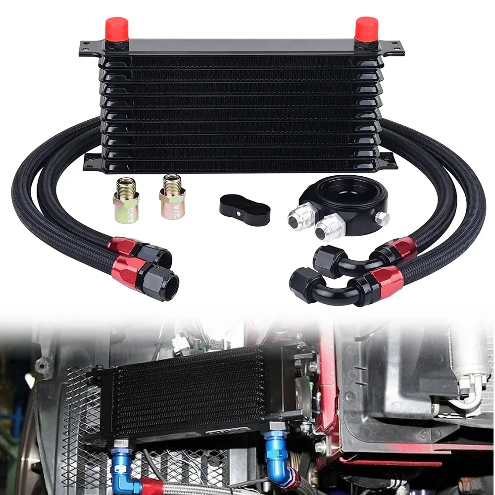 

10Row Universal Engine Transmission Oil Cooler AN10 +Oil Filter Sandwich Adapter+Stainless Steel Braided Hose For Cooling System