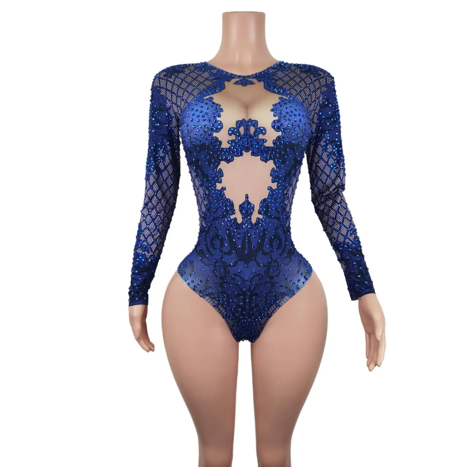 

Sparkly Skinny Blue Rhinestone Jumpsuit Luxury Fashion Bar Birthday Party Concert Bodysuit Singer and Dancer Costumes Lanbaoshi