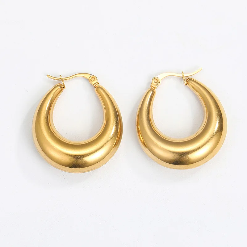 LUXUKISSKIDS Chunky Gold/Silver Color Hoop Earrings For Woman Big Round Smooth Ears Clips Stainless Steel Vintage Jewelry Gifts