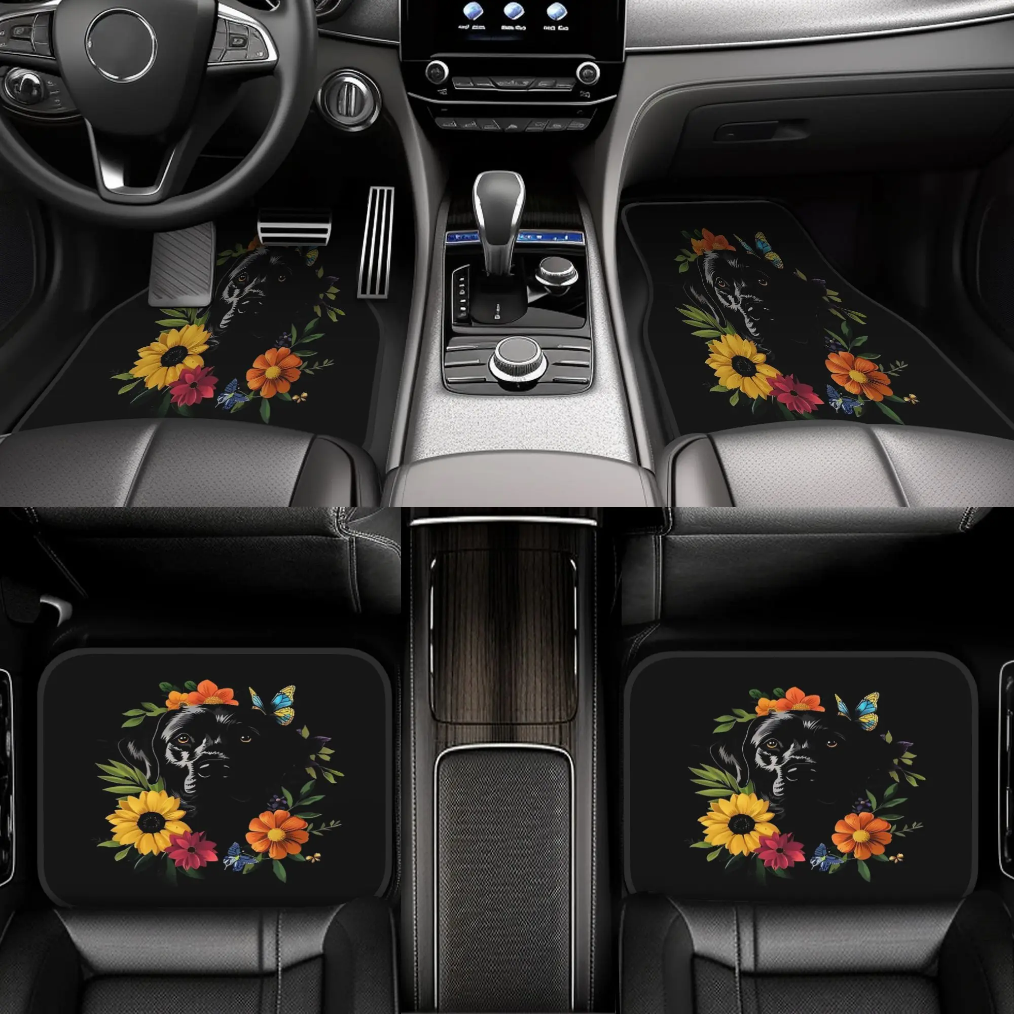 4pcs Funny Labrador Floral Colorful Mom Dad Kids Car Floor Mats, Durable, Fit For Cars, Ideal Gift, Vehicle Interior Mats, Playf