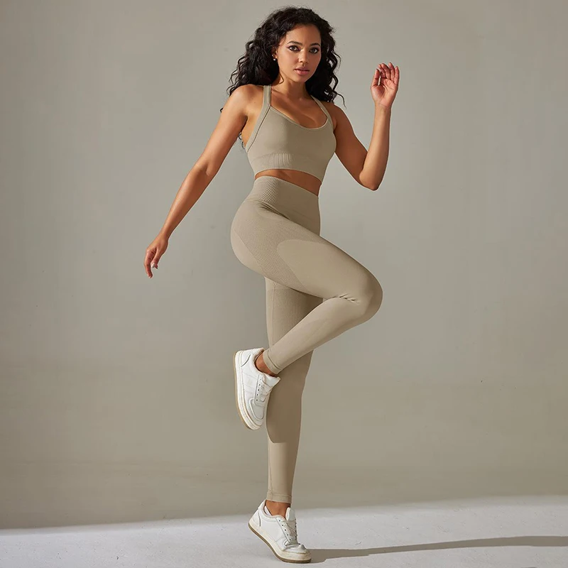 Cross Back Strap Yoga Set Women High Waist Leggings Running Workout Suits Sportswear Seamless Fitness Clothes Tracksuit New