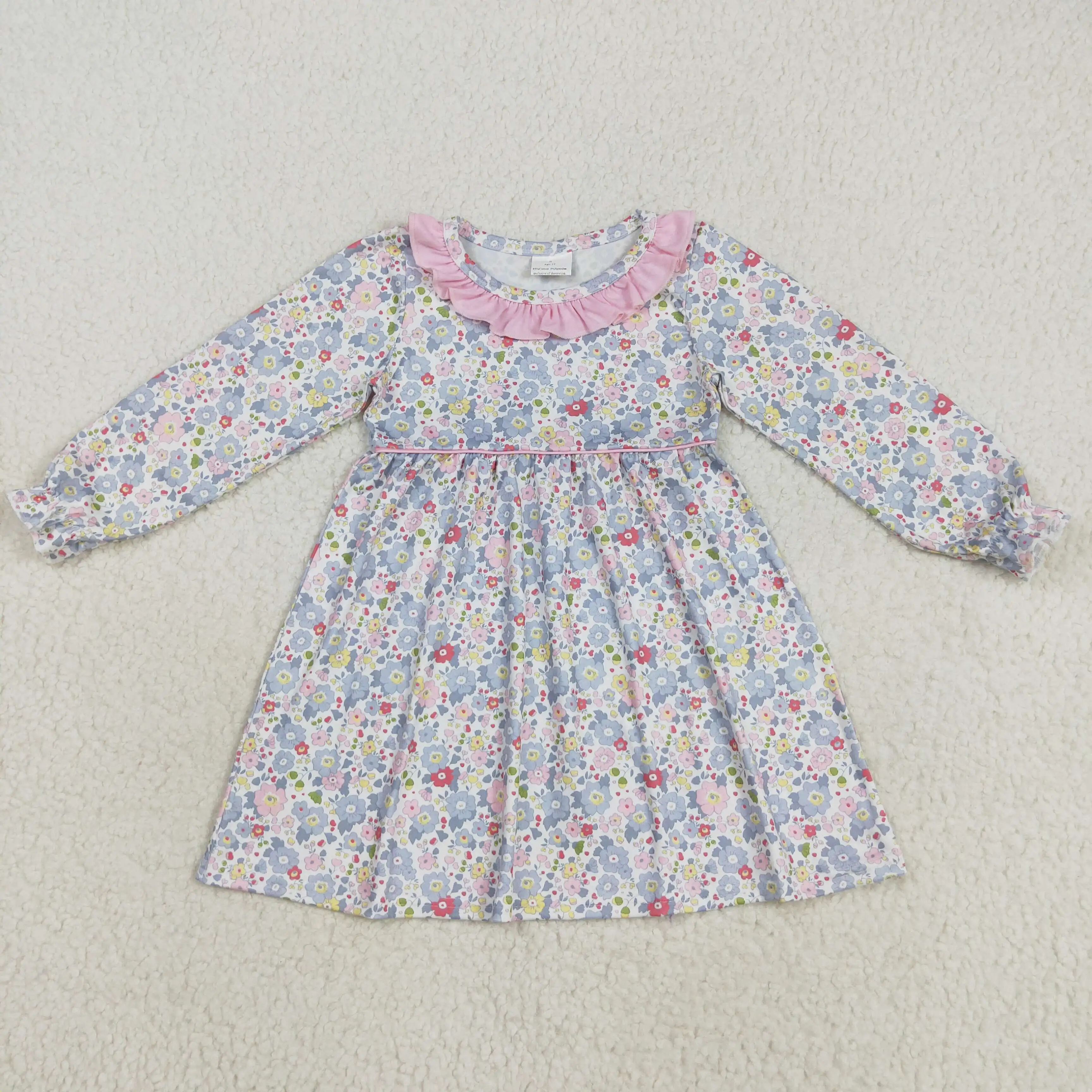 

Girls Winter Long Sleeve Dress Blue Flower Pink Pattern Lace Boutique Wholesale Children's Clothing