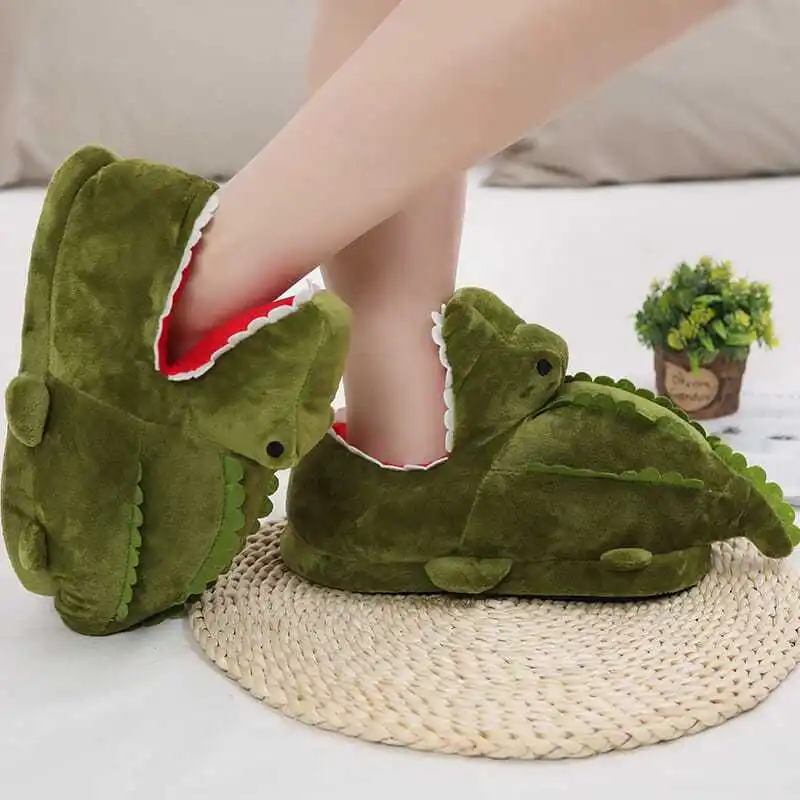 Chunky Fuzzy Crocodile Home Cotton Shoes for Women Slip On Cartoon Anime Plush Slippers Plus Size 35-43 Womens Green Loafers