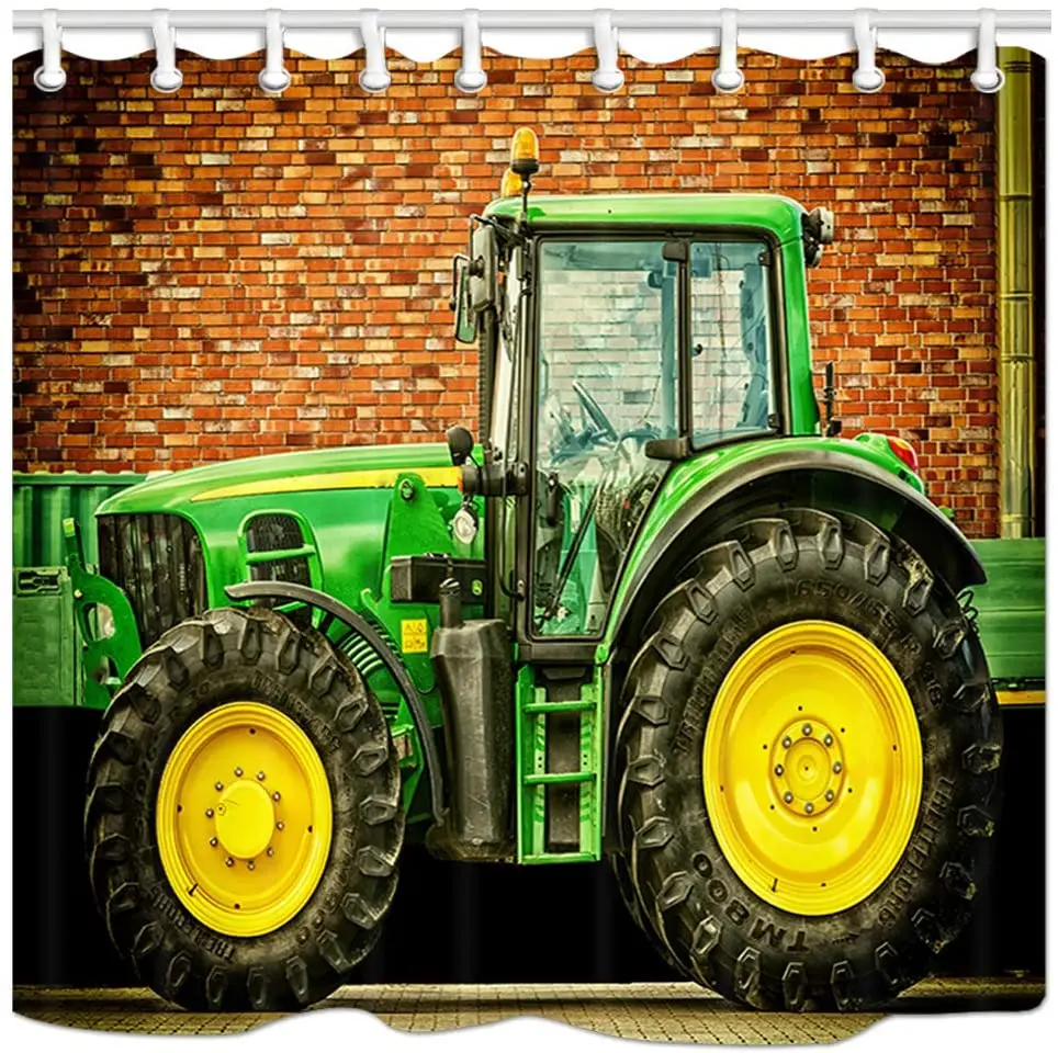 Village Decor Shower Curtain Farm Green Tractor Brick Wall Background Bathroom Polyester Fabric Bath Curtains with Hooks