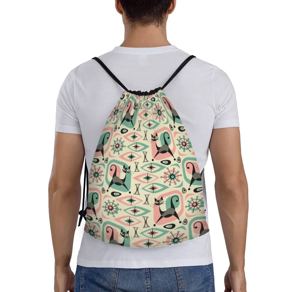 

Mid Century Cat Abstract Backpacks Casual Portable Drawstring Bags Sports Bag Book Bags For Man Woman Students