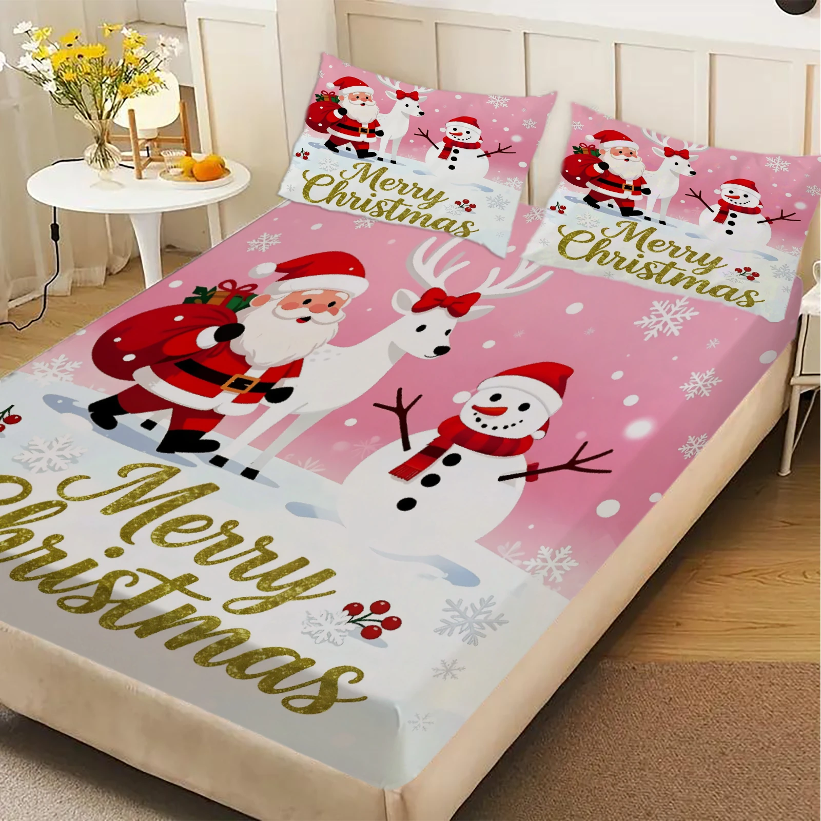 Pink Xmas Fitted Bed Sheet Santa Reindeer Snowman Print Bed Cover Mattress Protector Soft Girly Holiday Bedding1pc No Pillowcase