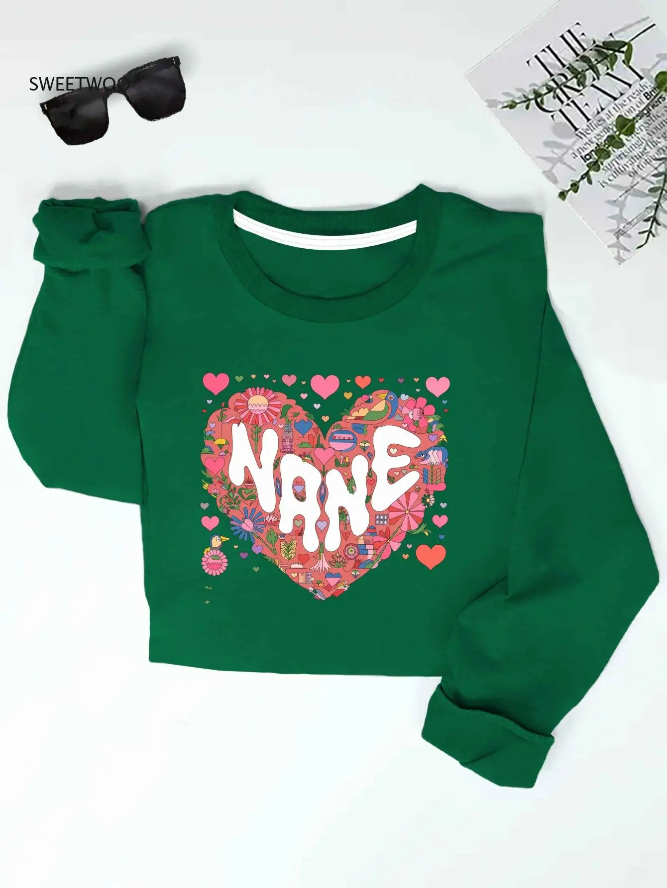 

Women's Nane Heart & Name Print Sweatshirt - Pink/red/white/purple/yellow/pink Multicolor Lettering, Black Crewneck Pullover
