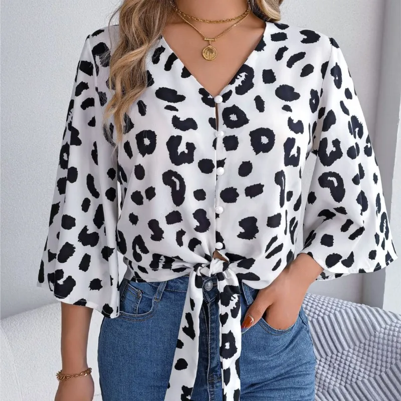 Elegant Flared Sleeve Cardigan Shirt For Women 2024 Spring/summer New Casual Leopard Print Lace Up Chiffon Shirt Top Femme Blusa