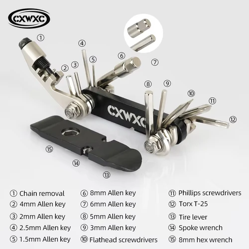 CXWXC Kit de herramientas de reparación de bicicletas portátil 12 en 1, llave hexagonal multimodelo, llave Torx, cortador de cadena de bicicleta, herramientas combinadas de mantenimiento