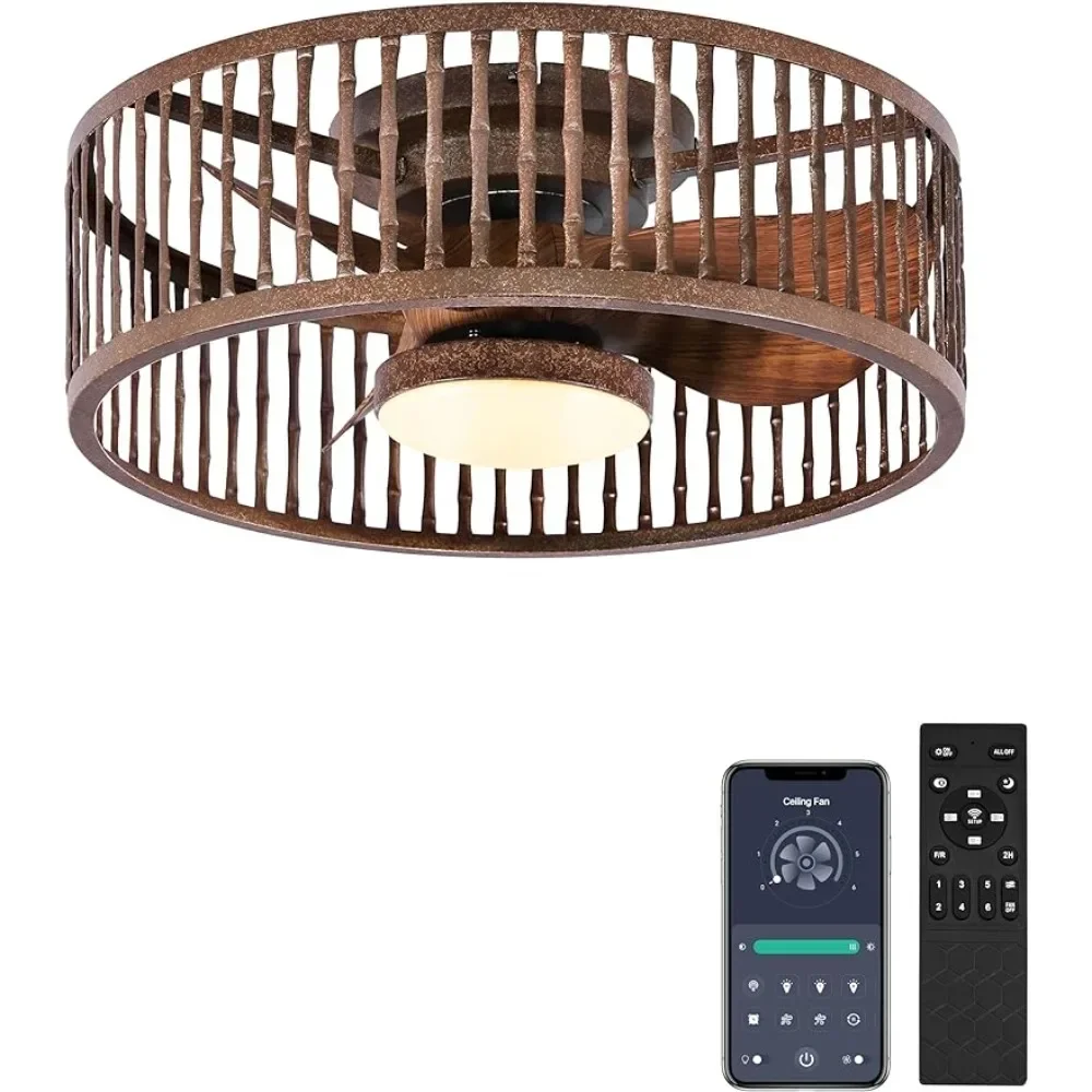 

20inch farmhouse low profile cage style ceiling fan with light remote control,simple small embedded installation fan for bedroom