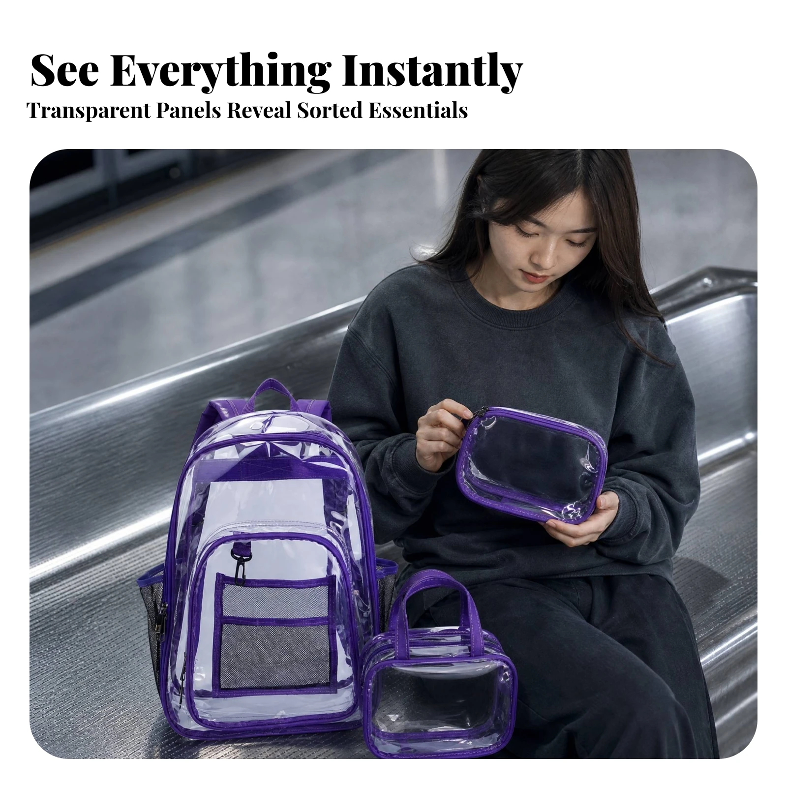 Clear Bookbag Water-Resistant Clear Backpack with Laptop Compartment Transparent Daypack with Mesh Pockets Multi-Pocket