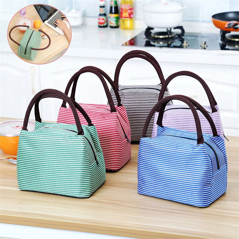 Hot Striped Pattern Style Thermal Oxford Lunch Picnic Bags Waterproof Nylon Storage Insulation Tote Food Handbag For Adult Kids