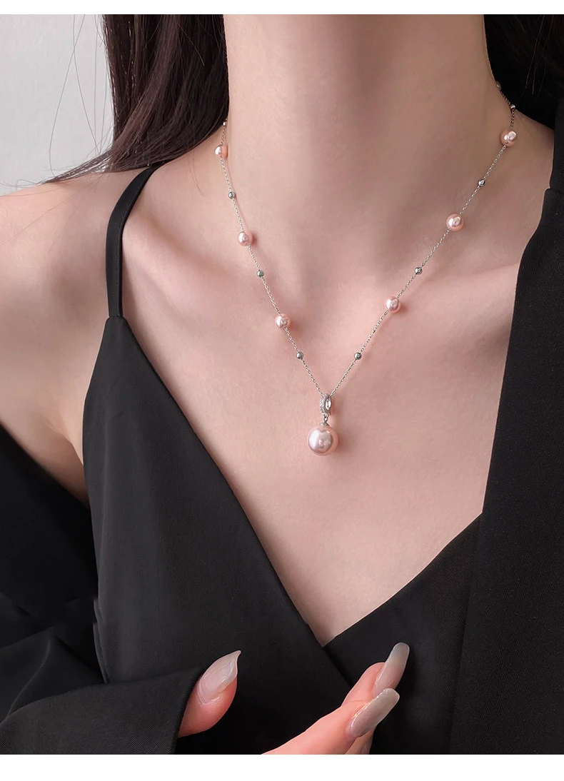 Zierliche Manta Rose Lila Imitationsperlen-Halskette für Damen, Perlenkette mit einzelnem runden Perlenanhänger, elegantes tägliches Schmuckgeschenk – Detail 11