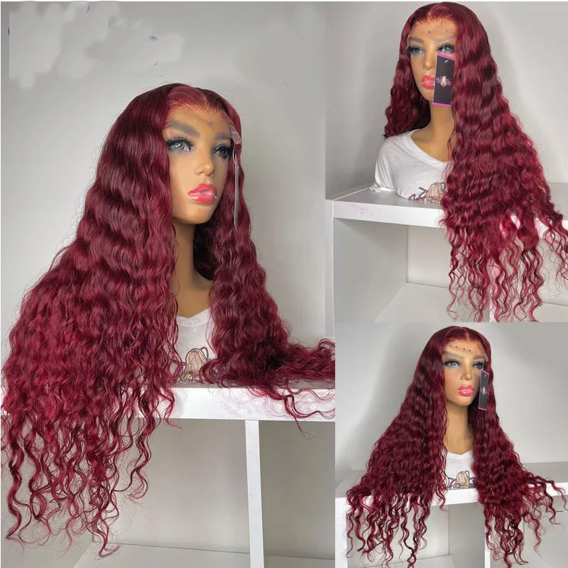 

26Inch Long 180%Density Wine Red 99j Kinky Curly Lace Front Wig For Women Baby Hair Heat Resistant Glueless Preplucked Fashion