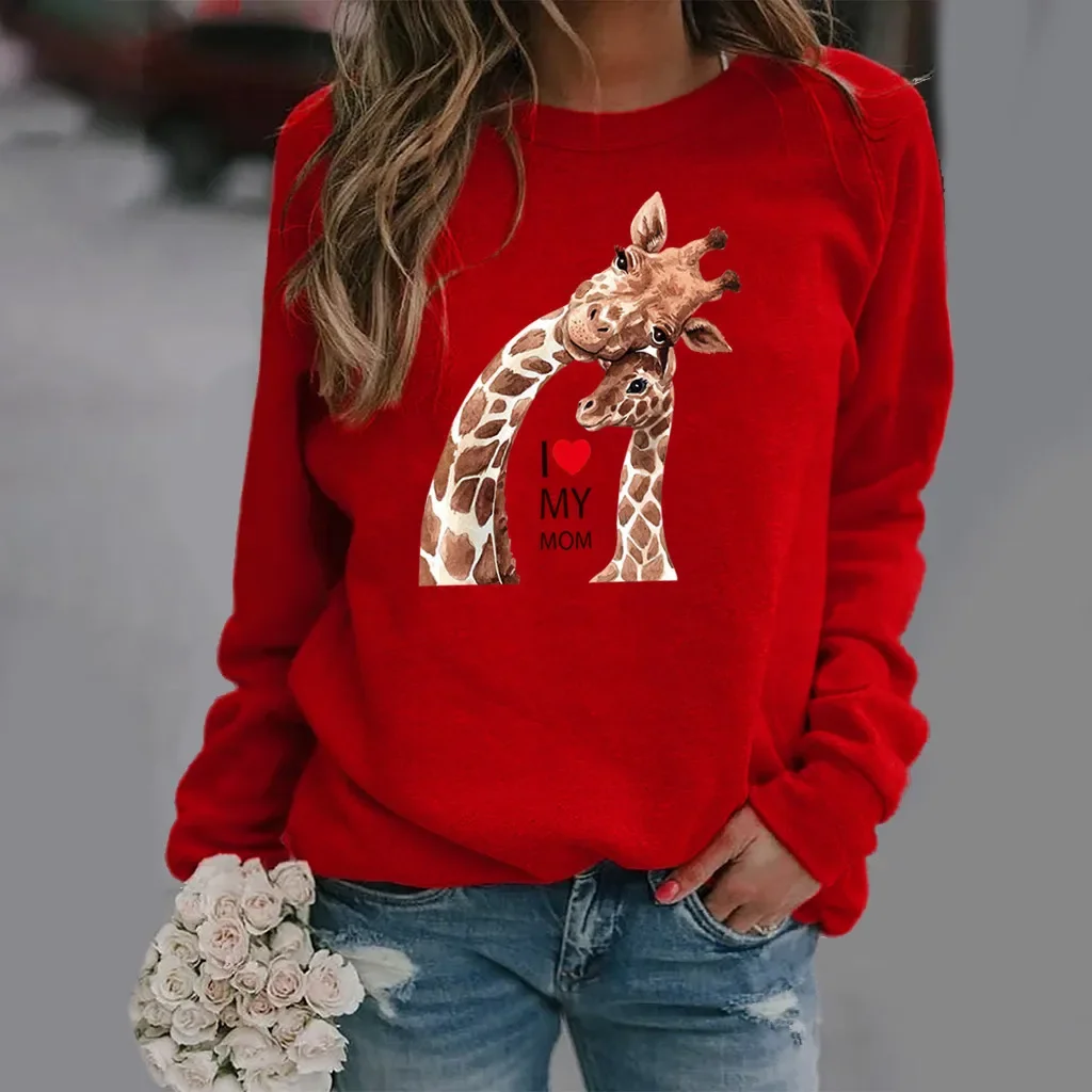 Giraffe Print Long Sleeve Round Neck Hoodie Woman Sweatshirt Tops Sweatshirts Streetwear Women Clothes