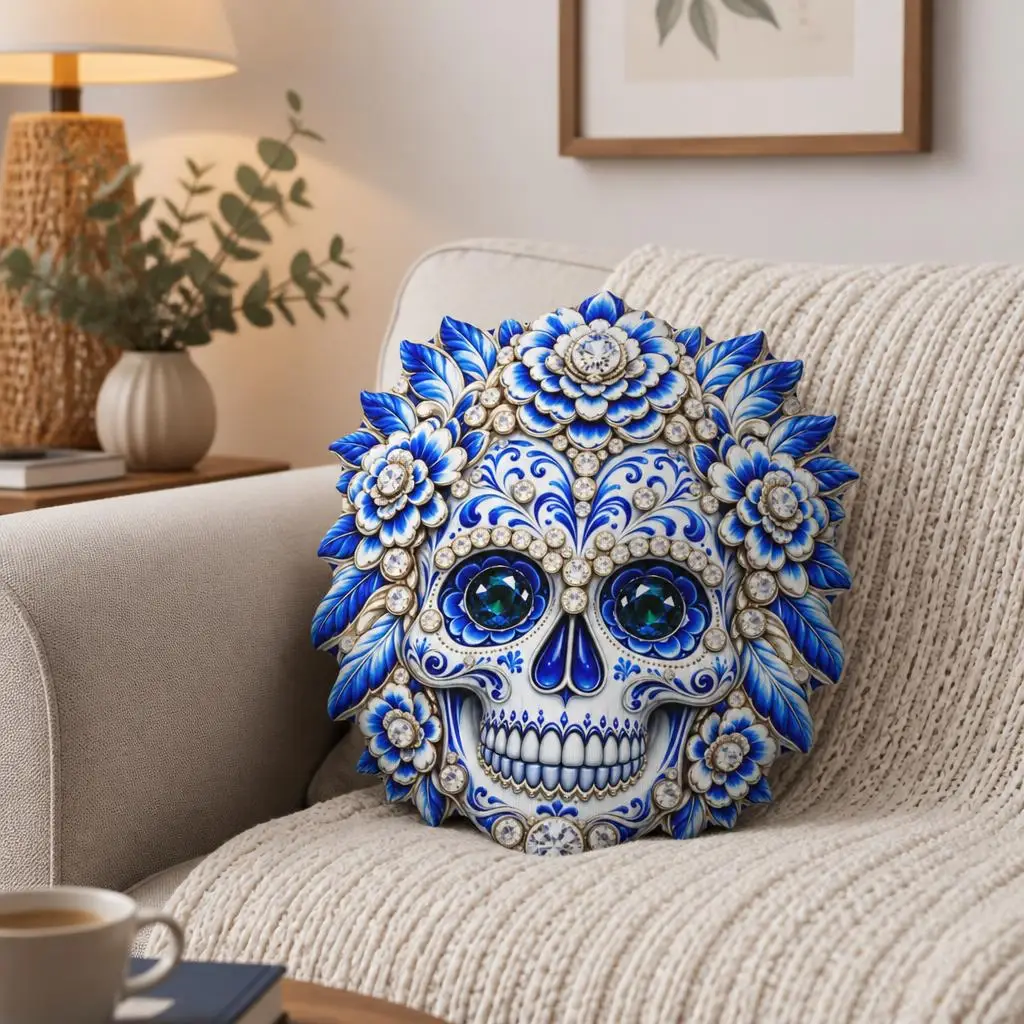 Blue Sugar Skull Shaped Pillow Dia de los Muertos Floral Cushion Ornate Stuffed Throw Pillow for Sofa Home Decor Accent Gift