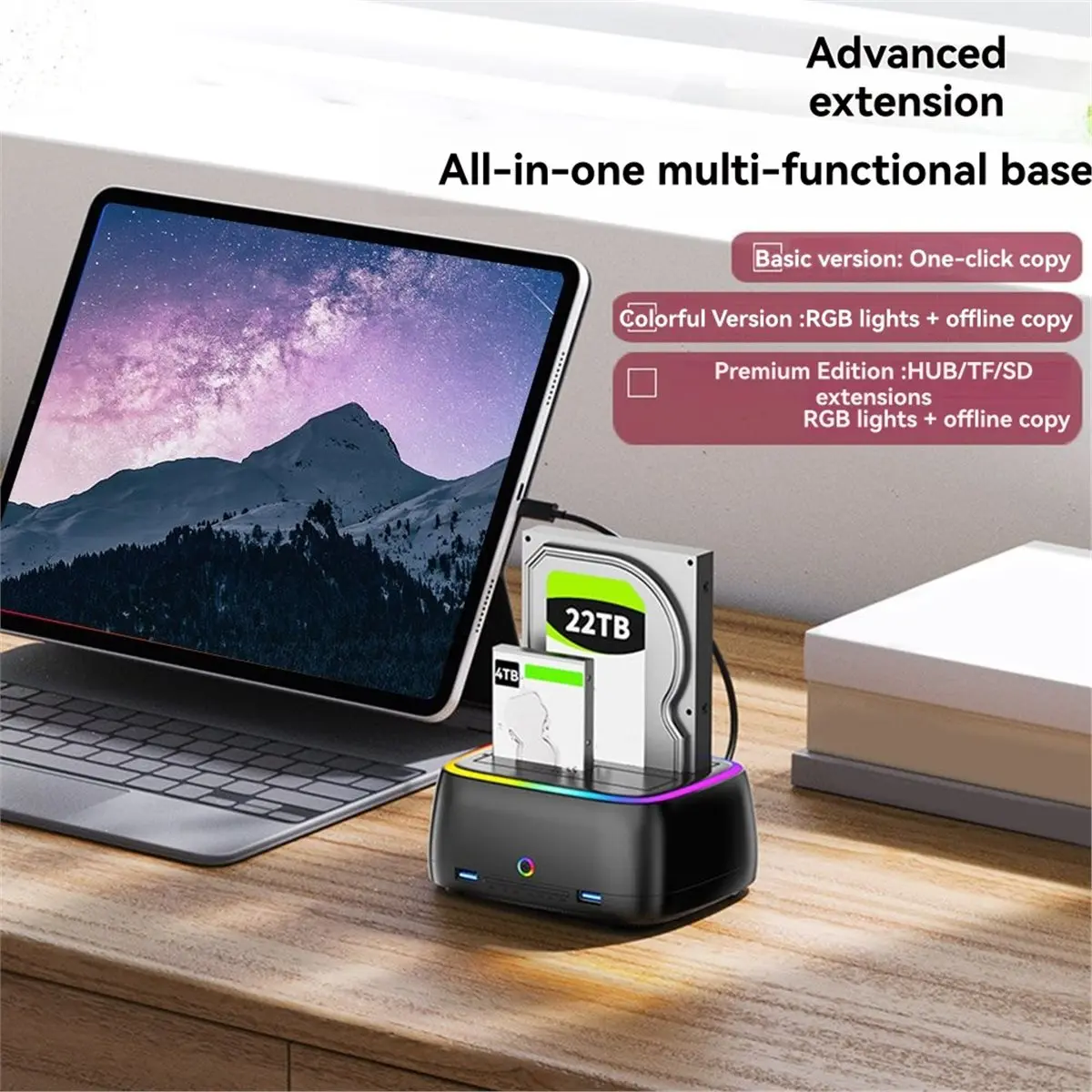 

Стабильная док-станция для жесткого диска RGB с двумя отсеками HUB/TF/SD USB3.0 к SATA Type-C для жесткого диска для 2,5/3,5-дюймового жесткого диска/SSD с вилкой европейского стандарта