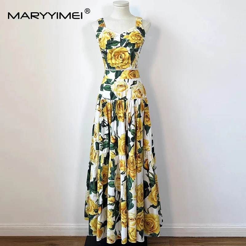 Seifrmann Fashion design Women Suit Sweetheart Neck Spaghetti Strap Short Tops+Big Swing Skirt Baroque print Cotton 2-piece set