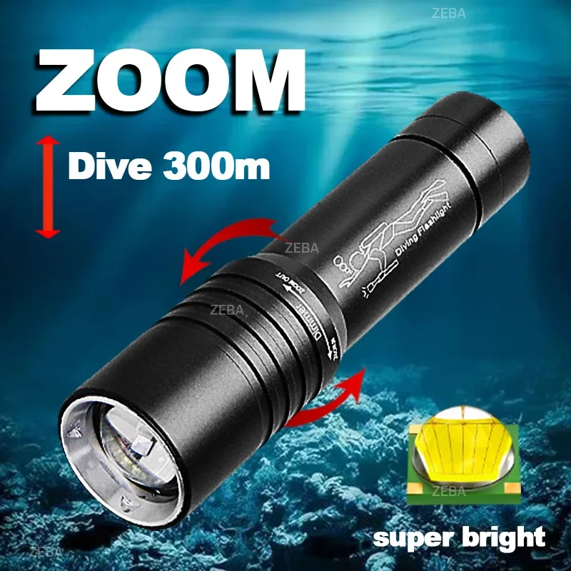 

Diving Flashlight IP8 Highest Waterproof Telescopic Zoom Rating Professional Diving Light Powered 18650 Battery With Hand Rope