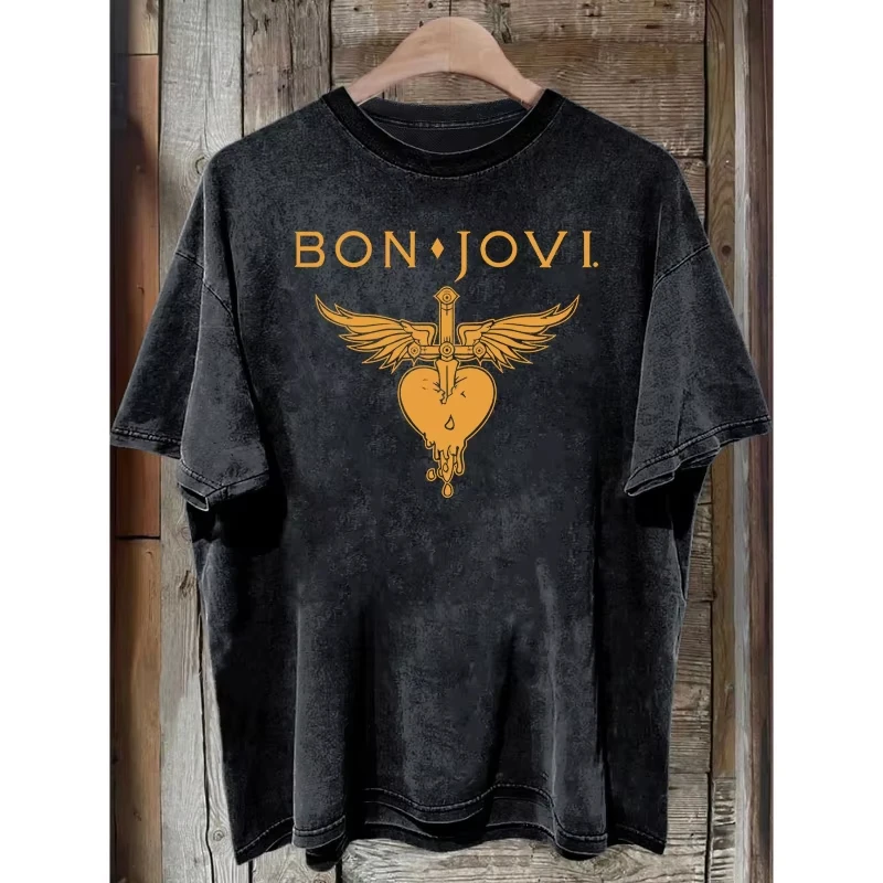 Unisex Casual Short Sleeve Top With Winged Sword & Cute Print Washed Hard Rock Band Bon Jovi Women And Men Comfortable T-shirt