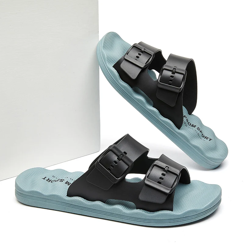 Men Two Strap Buckle Slides Sandals Cushioned EVA Open Toe Slippers Anti Slip Casual Summer Slide Slipper for Beach Shower