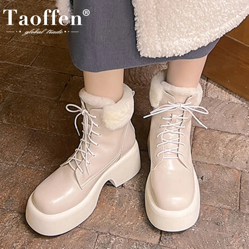 

Taoffen Snow Boots Women 2023 New Real Leather Shoes Thick Bottom Winter Short Boots Warm Casual Female Footwear Size 34-40