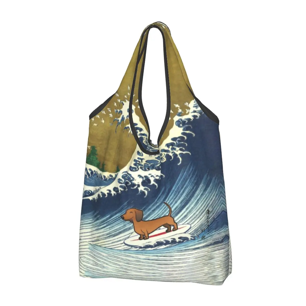 Cute Dachshund Weiner Dog Surfing Groceries Shopping Tote Bag Women Cute Puppy Wave Shoulder Shopper Bag Big Capacity Handbags