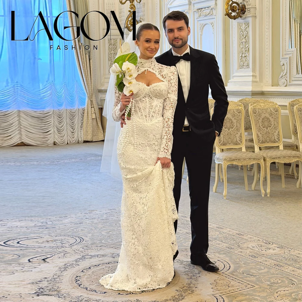Lagom Elegant Sweetheart Lace Mermaid Wedding Dress Full Sleeve Bridal Gown With Jacket Vestido De Novia Floor-Len Customized